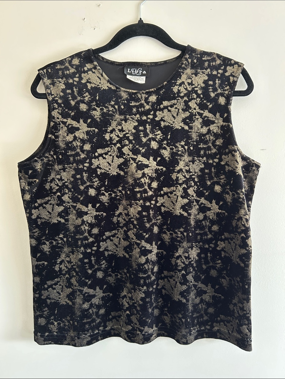 Vintage 90s Libra Black Burnout Velvet Top Metallic Gold sleeveless, size XL